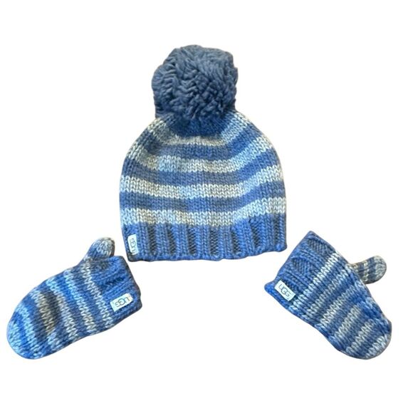 Ugg blue striped boys hat and mitten bundle 2-4 year - Picture 1 of 7